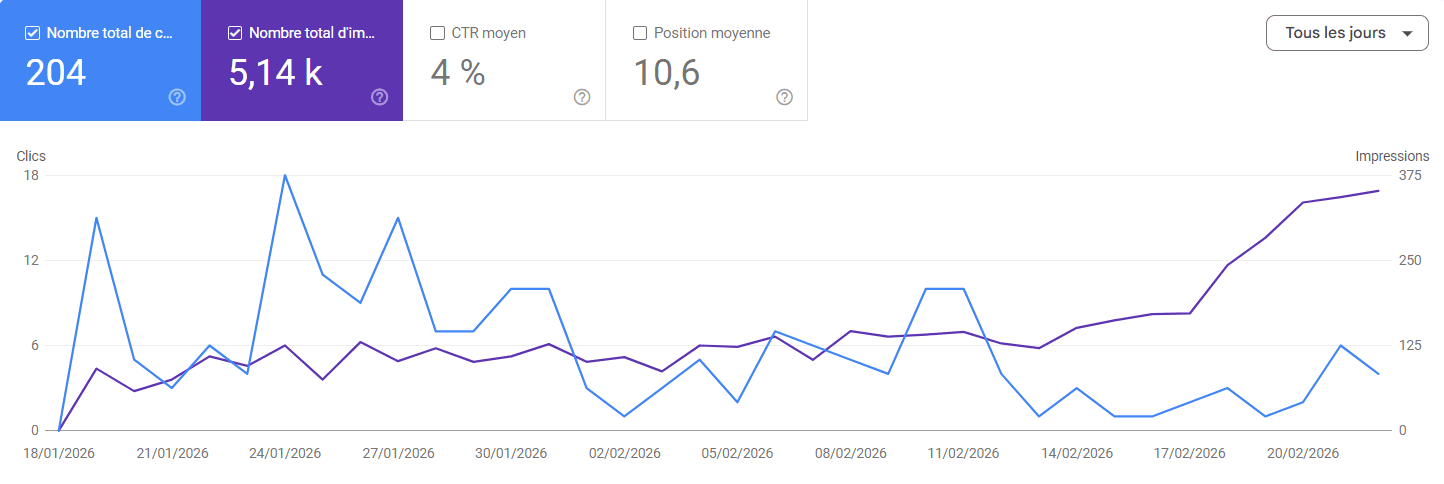 Resultats Google Search Console - Performance reelle d'un site Digitaxi apres 1 mois